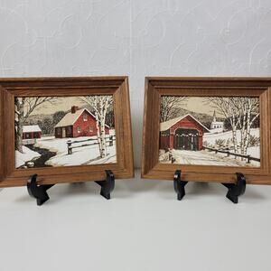 Vintage Linen Needlepoint Framed Covered Bridge And Farm House Winter Scene
